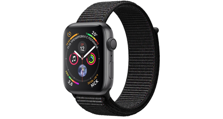 Apple Watch Series 4, 44 мм, корпус из алюминия цвета «серый космос», спортивный браслет чёрного цвета