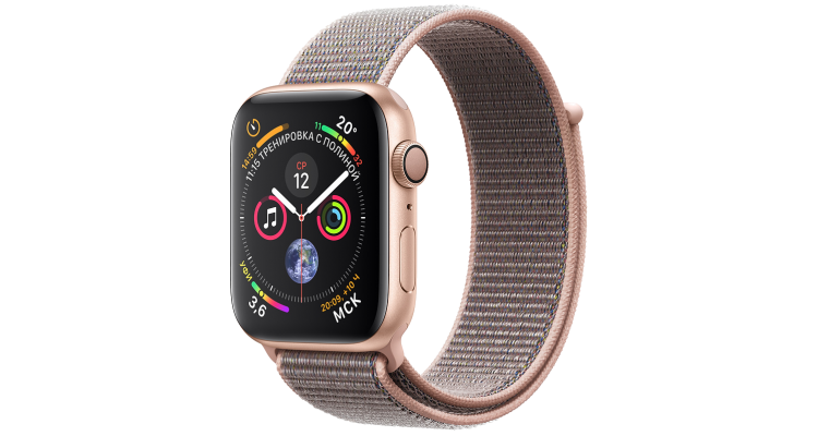 Apple Watch Series 4, 44 мм, корпус из алюминия золотого цвета, спортивный браслет цвета «розовый песок»