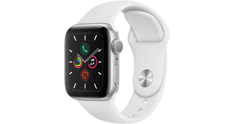 Часы Apple Watch Series 5, 40 мм, корпус из алюминия серебристого цвета, спортивный браслет белого цвета