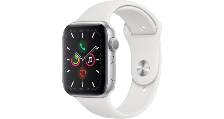Часы Apple Watch Series 5, 44 мм, корпус из алюминия серебристого цвета, спортивный браслет белого цвета
