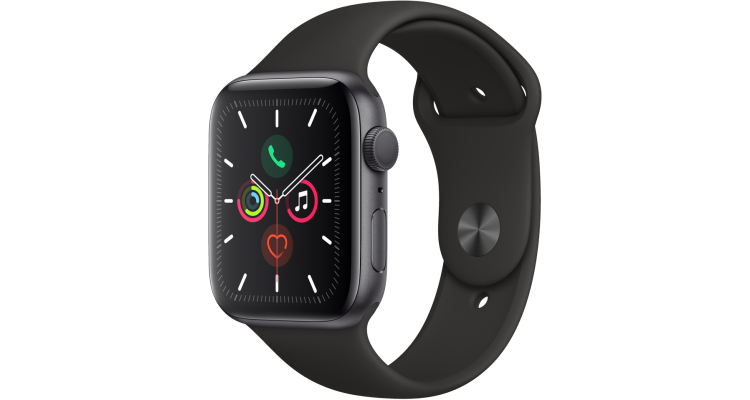 Часы Apple Watch Series 5, 44 мм, корпус из алюминия цвета «серый космос», спортивный браслет чёрного цвета