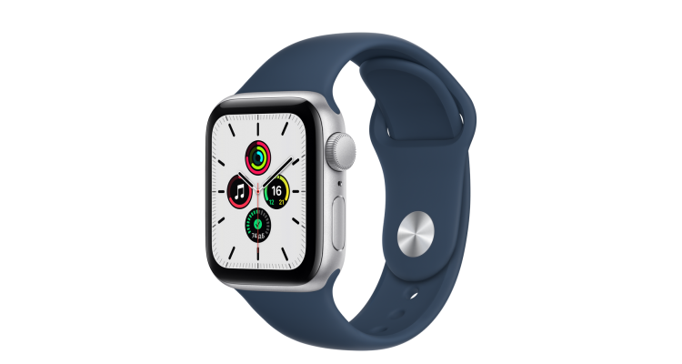 Apple Watch SE, 40 мм, корпус из алюминия серебристого цвета спортивный ремешок цвета «синий омут»