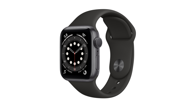 Apple Watch Series 6, 44 мм, корпус из алюминия цвета «серый космос», спортивный ремешок чёрного цвета