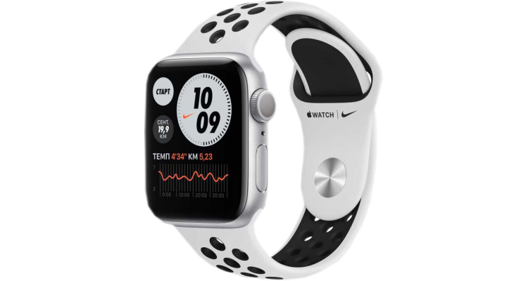 Apple Watch Nike Series 6, 40 мм, корпус из алюминия серебристого цвета, спортивный ремешок Nike цвета «чистая платина/чёрный»