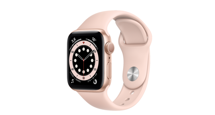 Apple Watch Series 6, 40 мм, корпус из алюминия золотого цвета, спортивный ремешок цвета «розовый песок»